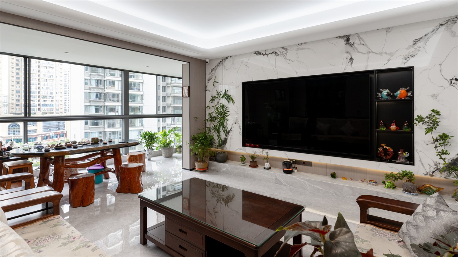 建發(fā)縵云210平新中式客廳裝修完工實(shí)景圖